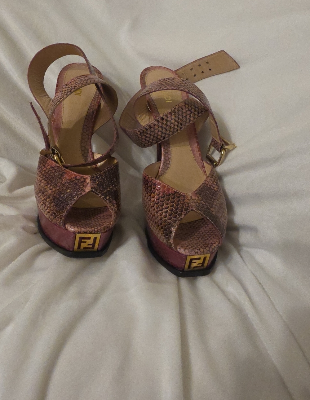 Fendi Pink Brown Snakeskin Platform Sandals with Gold Logo